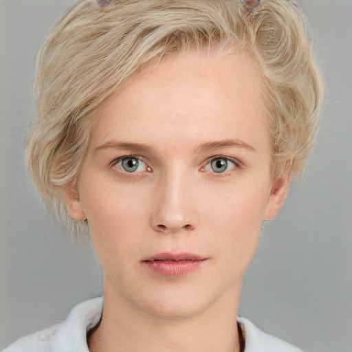 Neutral white young-adult female with short  blond hair and blue eyes