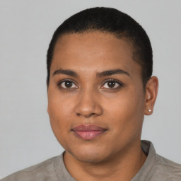 Neutral black young-adult female with short  black hair and brown eyes