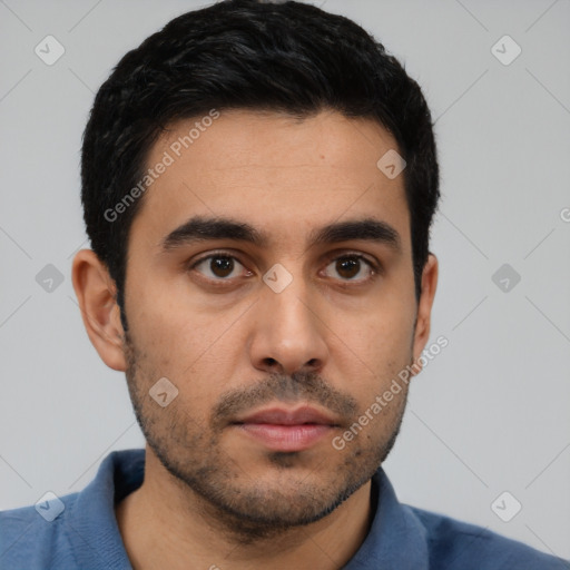 Neutral latino young-adult male with short  black hair and brown eyes