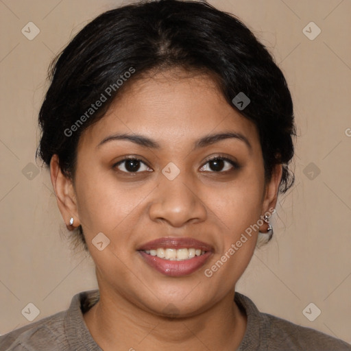 Joyful latino young-adult female with short  brown hair and brown eyes