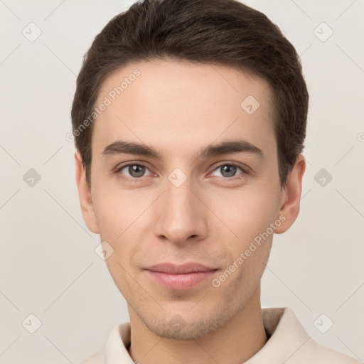 Neutral white young-adult male with short  brown hair and brown eyes