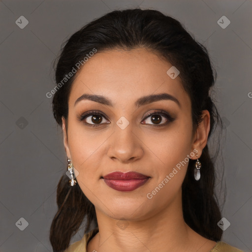 Joyful latino young-adult female with long  brown hair and brown eyes