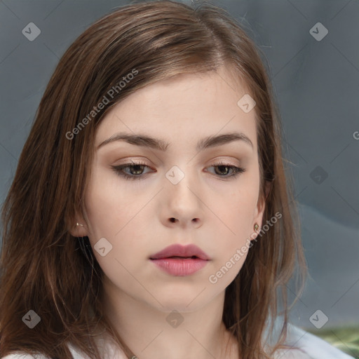 Neutral white young-adult female with medium  brown hair and brown eyes