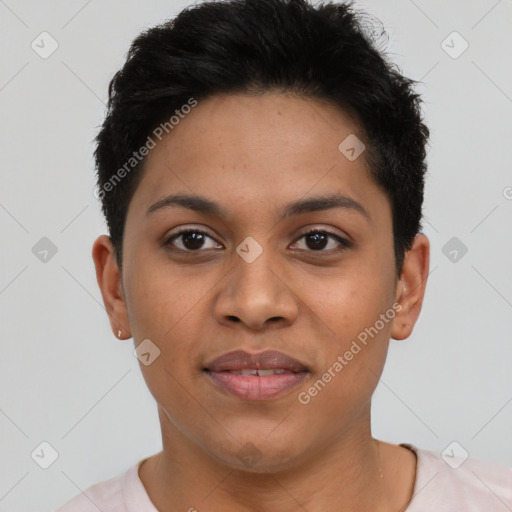 Joyful latino young-adult female with short  brown hair and brown eyes