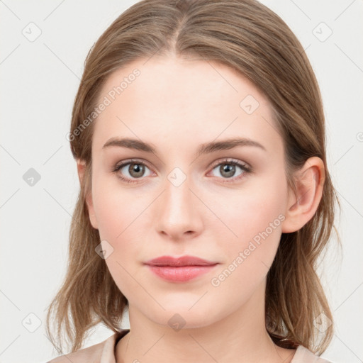 Neutral white young-adult female with medium  brown hair and blue eyes