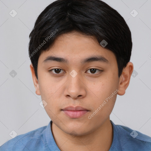 Neutral asian young-adult male with short  black hair and brown eyes