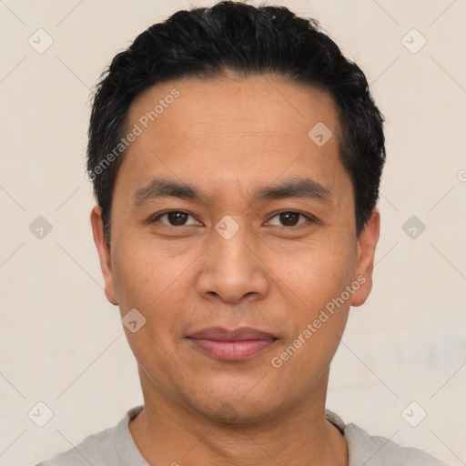 Neutral asian young-adult male with short  black hair and brown eyes