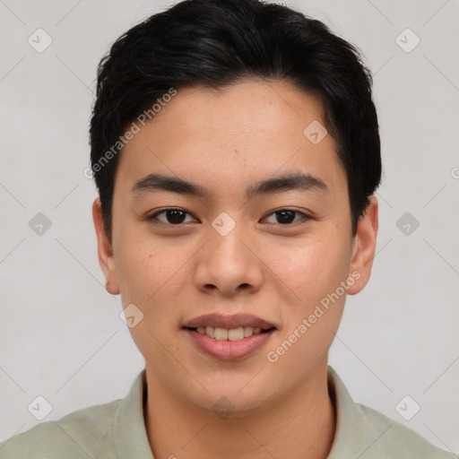 Joyful asian young-adult male with short  brown hair and brown eyes