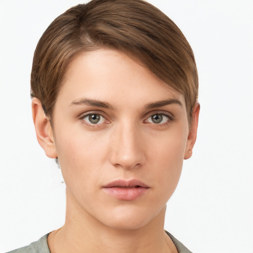 Neutral white young-adult female with short  brown hair and brown eyes