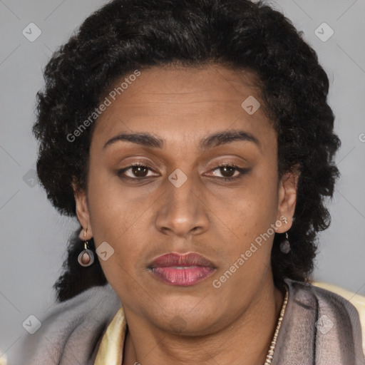 Joyful latino adult female with short  brown hair and brown eyes
