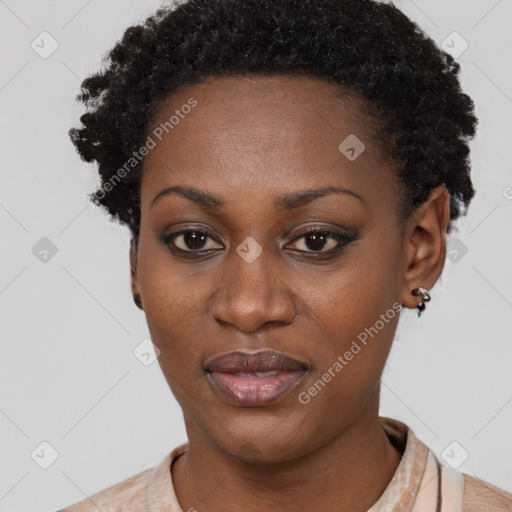 Neutral black young-adult female with short  brown hair and brown eyes