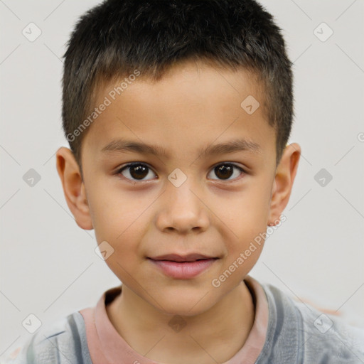 Joyful white child male with short  brown hair and brown eyes