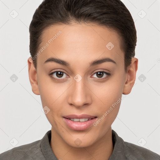 Joyful white young-adult female with short  brown hair and brown eyes