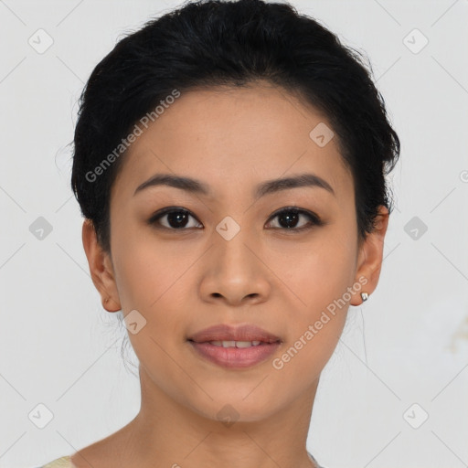 Joyful asian young-adult female with short  black hair and brown eyes