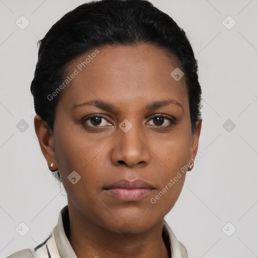 Neutral latino young-adult female with short  brown hair and brown eyes