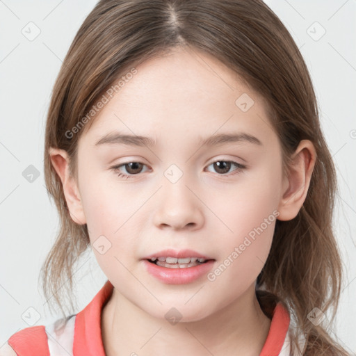 Joyful white child female with medium  brown hair and grey eyes