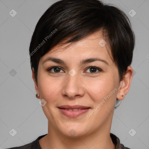 Joyful white young-adult female with medium  brown hair and brown eyes