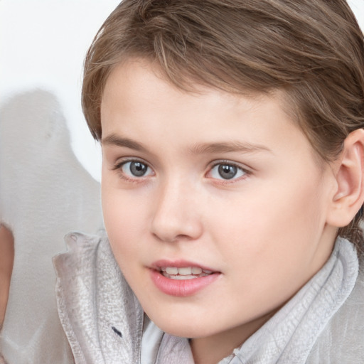 Neutral white child female with short  brown hair and grey eyes