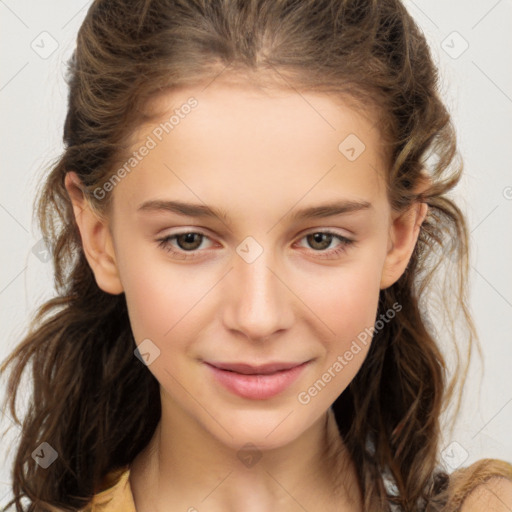 Joyful white child female with medium  brown hair and brown eyes