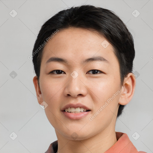 Joyful asian young-adult female with short  brown hair and brown eyes