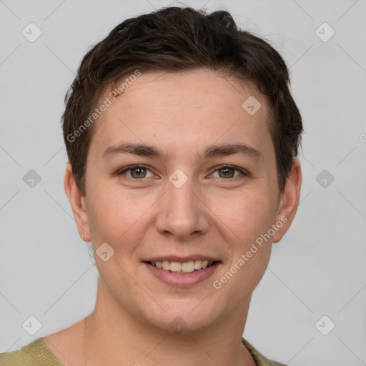 Joyful white young-adult female with short  brown hair and grey eyes