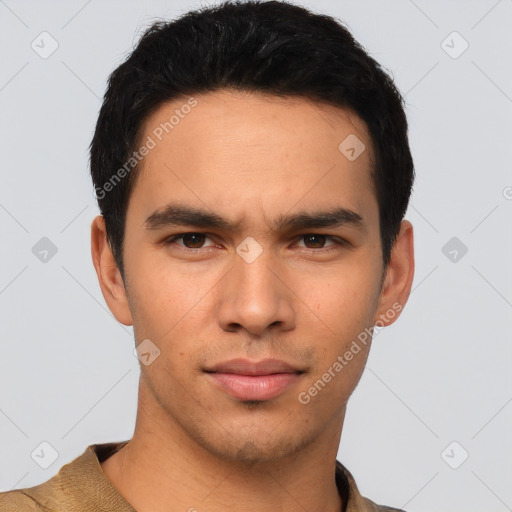 Neutral asian young-adult male with short  brown hair and brown eyes