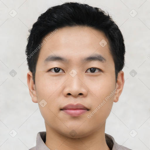 Neutral asian young-adult male with short  black hair and brown eyes