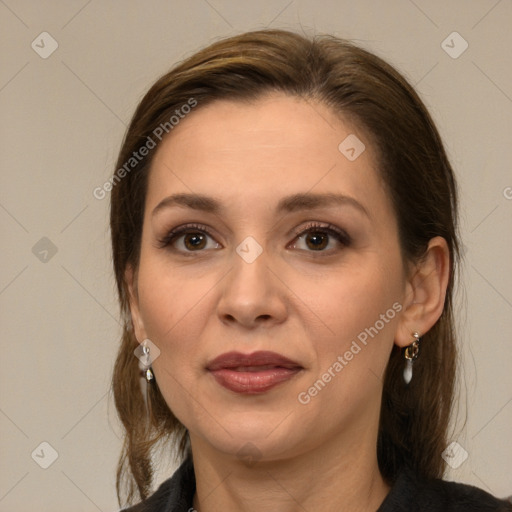 Joyful white young-adult female with long  brown hair and grey eyes