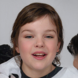 Joyful white child female with medium  brown hair and blue eyes