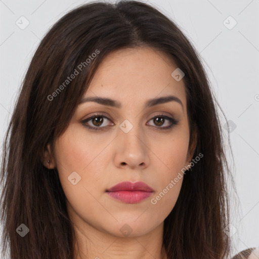 Neutral white young-adult female with long  brown hair and brown eyes