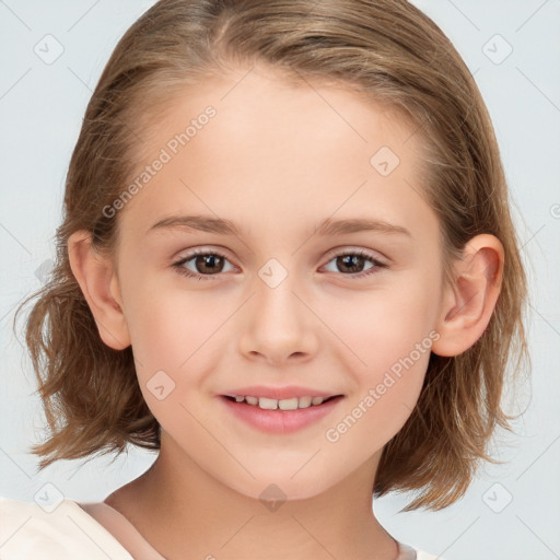 Joyful white child female with medium  brown hair and brown eyes