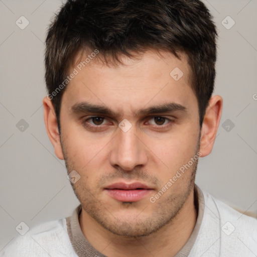 Neutral white young-adult male with short  brown hair and brown eyes