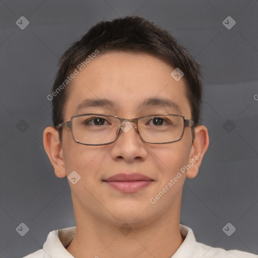 Joyful asian adult male with short  brown hair and brown eyes