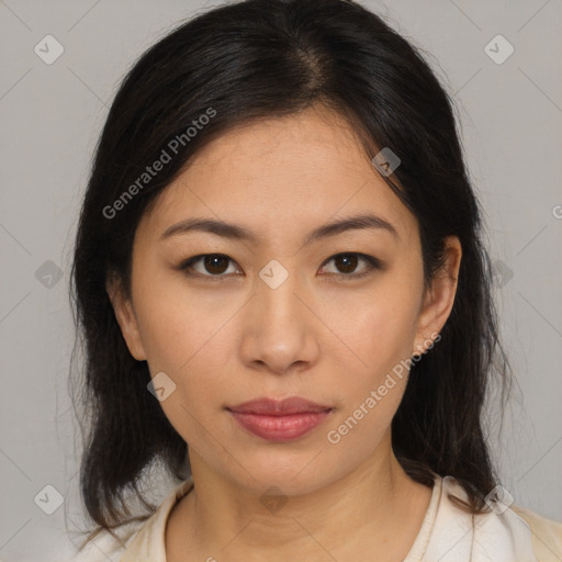 Neutral asian young-adult female with medium  brown hair and brown eyes