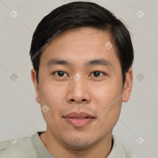 Neutral asian young-adult male with short  black hair and brown eyes