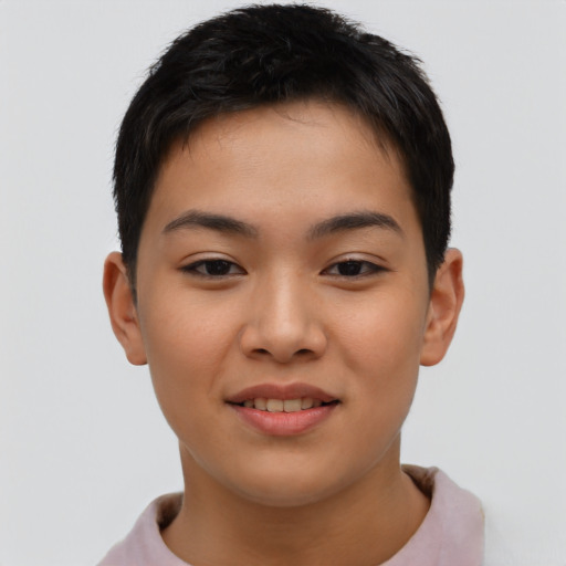 Joyful asian young-adult female with short  brown hair and brown eyes
