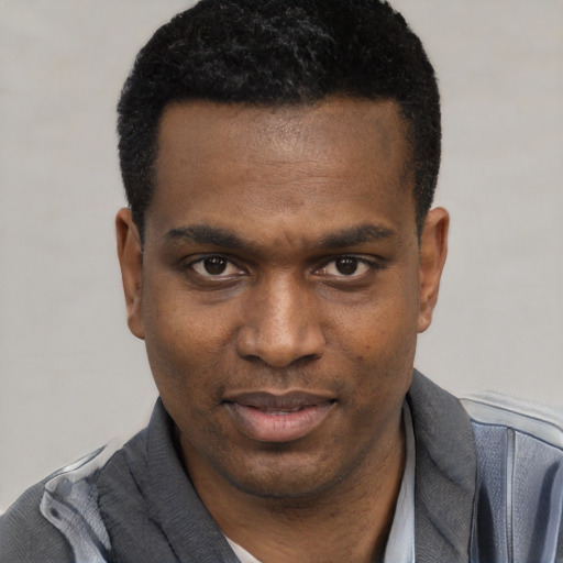 Neutral black young-adult male with short  black hair and brown eyes