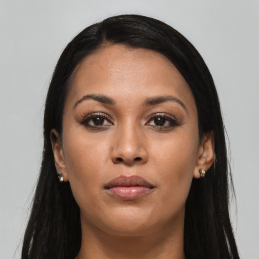 Neutral black young-adult female with long  black hair and brown eyes