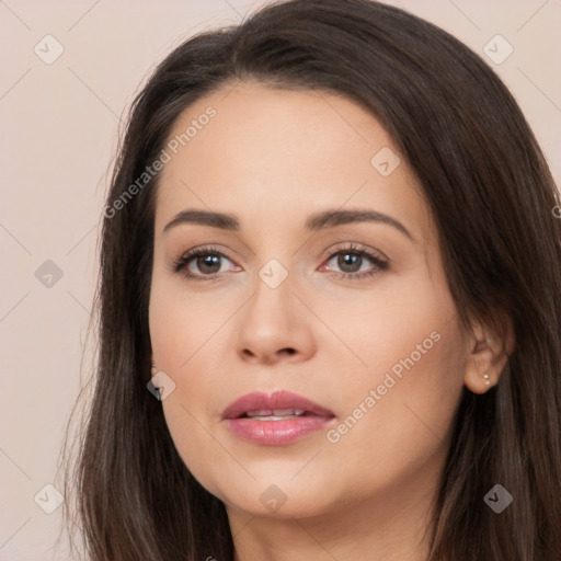 Neutral white young-adult female with long  brown hair and brown eyes