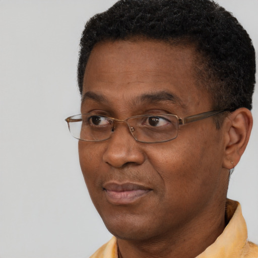 Neutral black adult male with short  brown hair and brown eyes