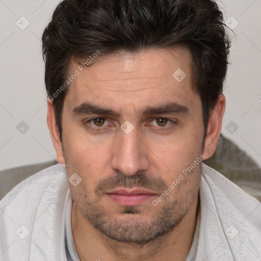 Neutral white adult male with short  brown hair and brown eyes