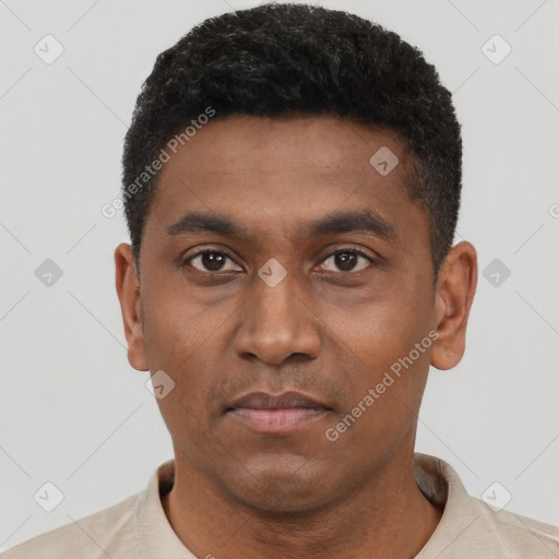Neutral latino young-adult male with short  black hair and brown eyes
