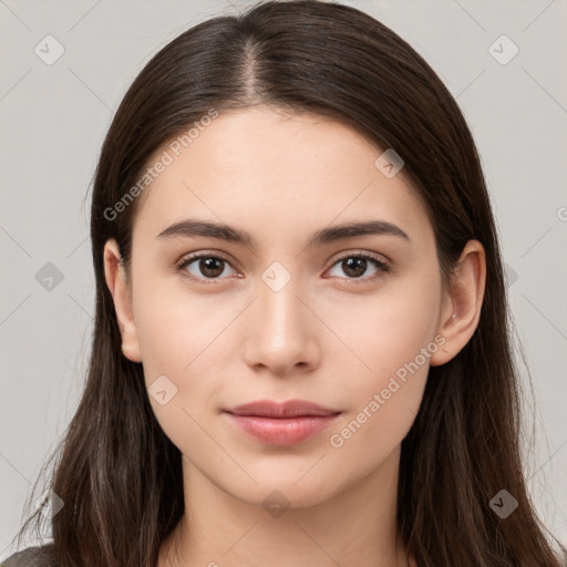 Neutral white young-adult female with long  brown hair and brown eyes