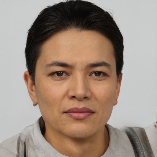 Joyful white adult female with short  black hair and brown eyes
