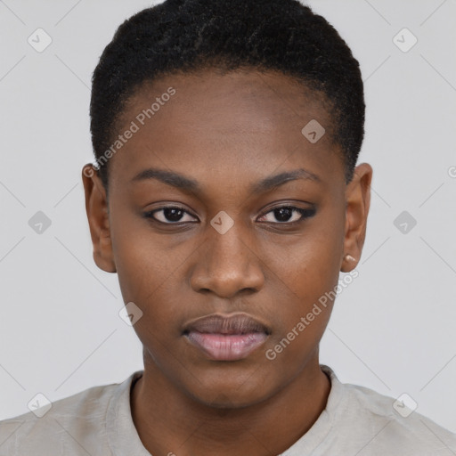 Neutral black young-adult female with short  black hair and brown eyes