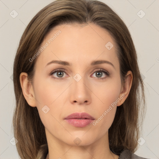 Neutral white young-adult female with medium  brown hair and brown eyes