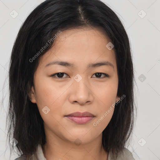 Joyful asian young-adult female with medium  brown hair and brown eyes