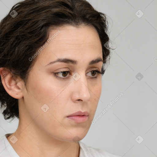 Neutral white young-adult female with medium  brown hair and brown eyes