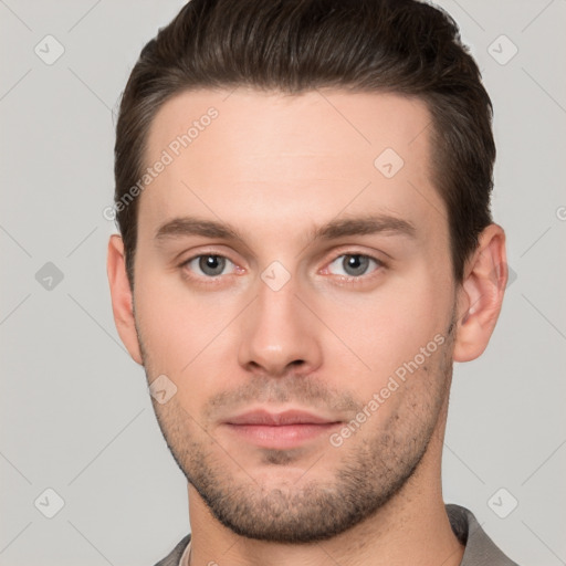 Neutral white young-adult male with short  brown hair and brown eyes