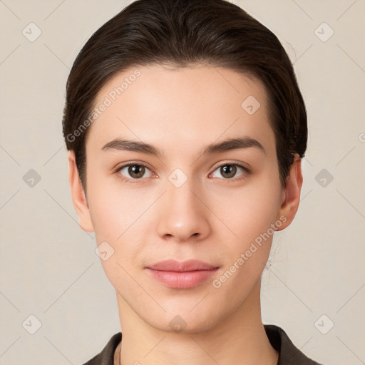 Neutral white young-adult female with short  brown hair and brown eyes